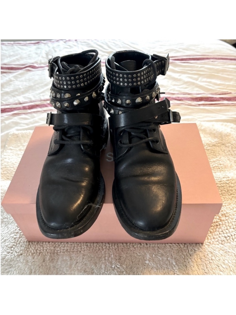 Saint Laurent Vintage Black Studded & wrap ankle Leather Combat Boots